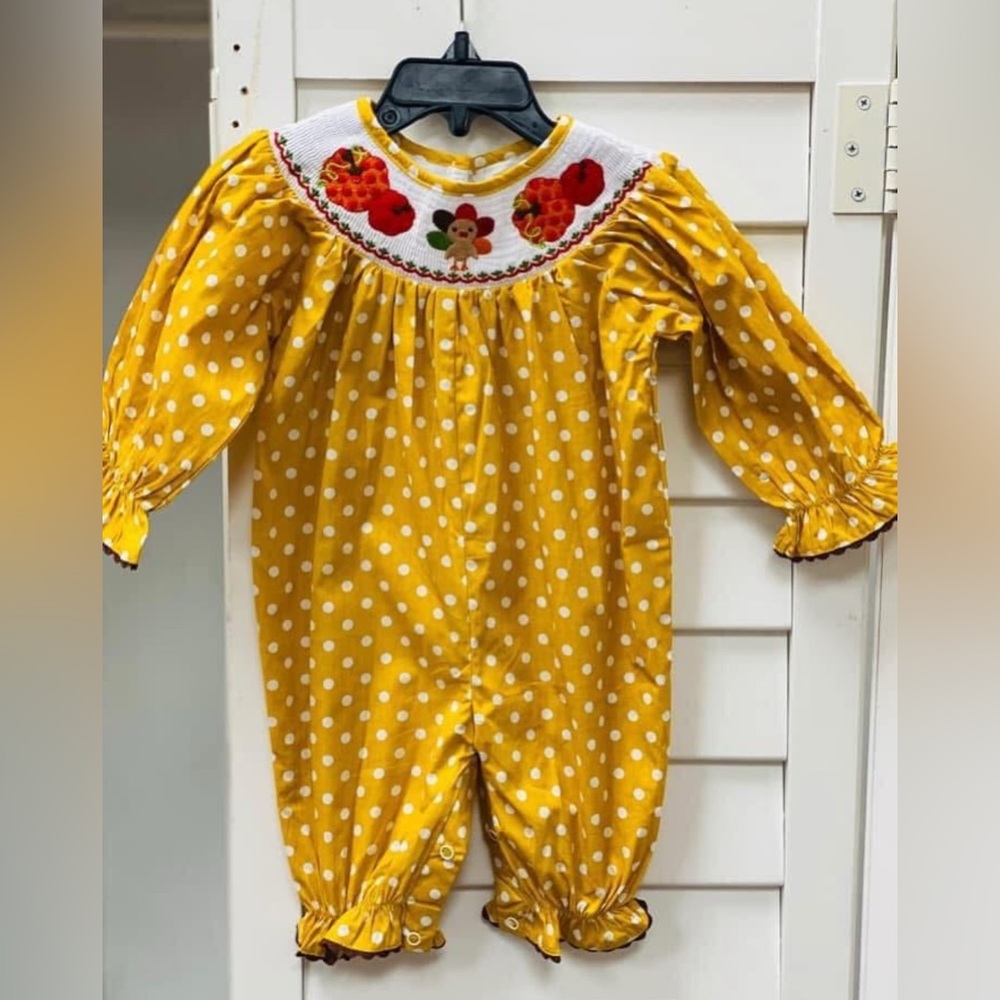2T Thanksgiving Turkey Smocked Polka Dot One Piece - Lil Cactus